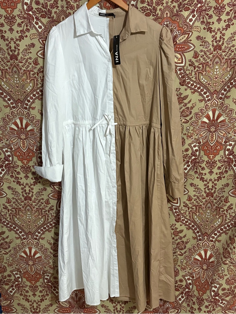 NWT INA L Long Sleeve Drawstring 2 tone tan and white colorblock two-tone dress